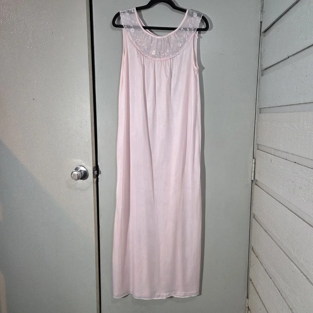 Vtg Spotlight Nightgown Small Pink Sleeveless Nylon Maxi Floral Lace Lightweight